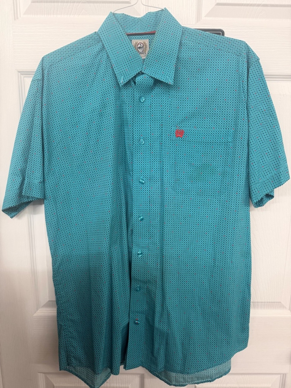 Cinch Men's Short Sleeve Button-Down Shirt in Teal with Micro Dot